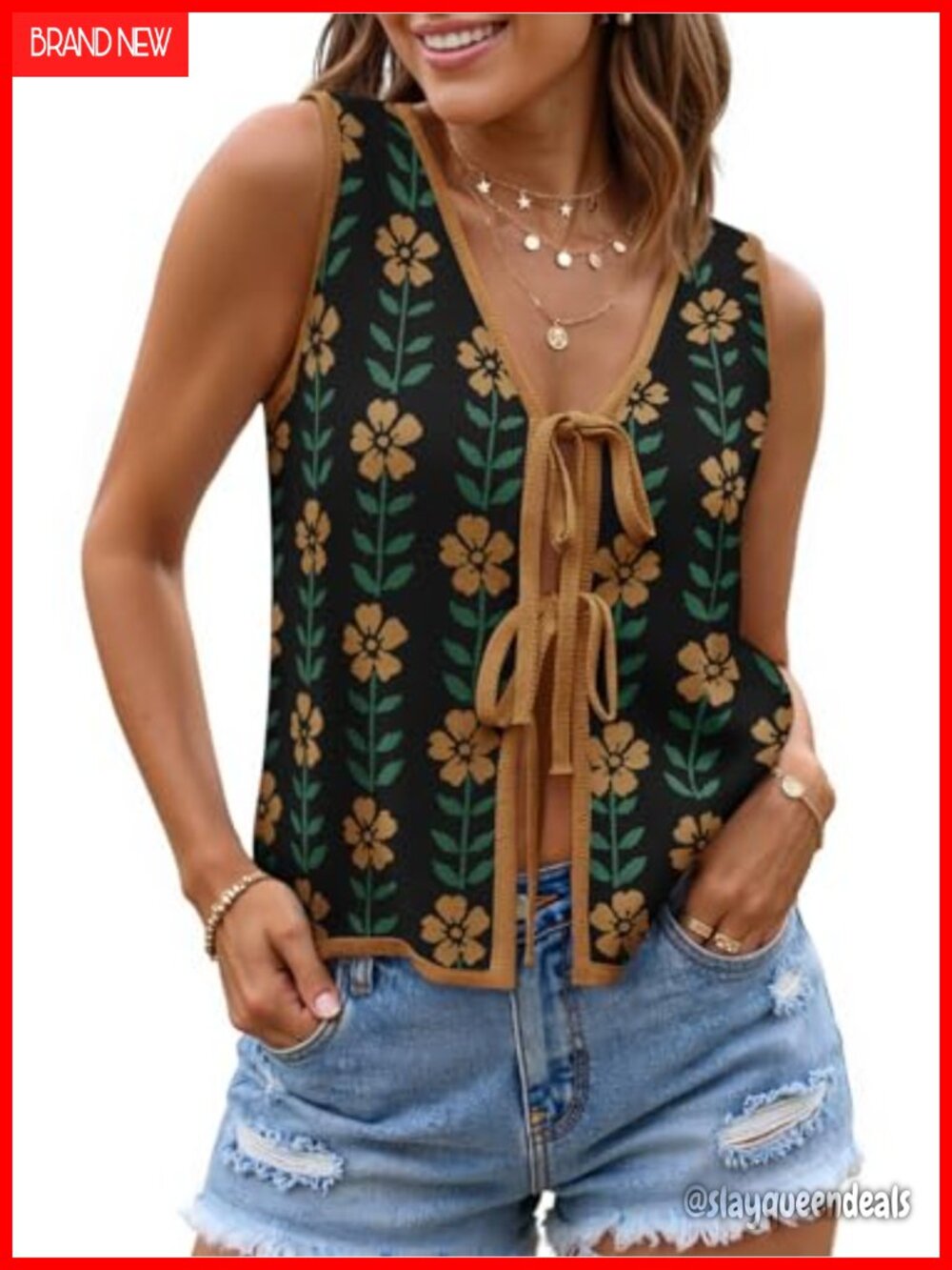Tie Front Sweater Vest Sleeveless V Neck Knit Tank Top Loose Fit